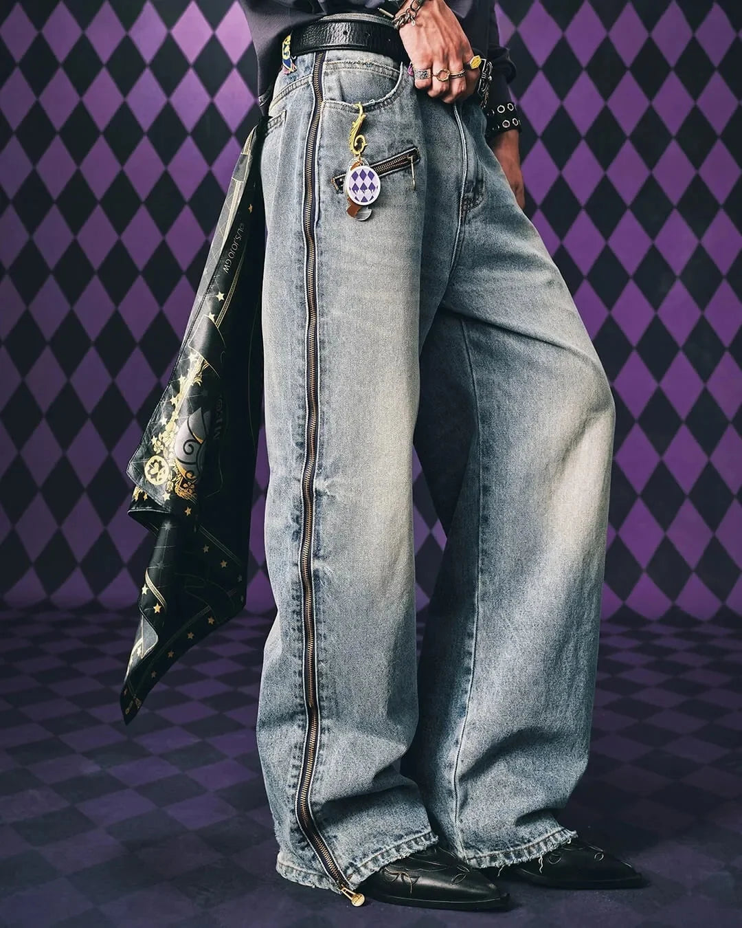 JoJo Anime Zip Off Panel Jeans Men Women High Waist Wide Leg Detachable Print Denim Pants Purple Gold Patchwork Straight Jeans