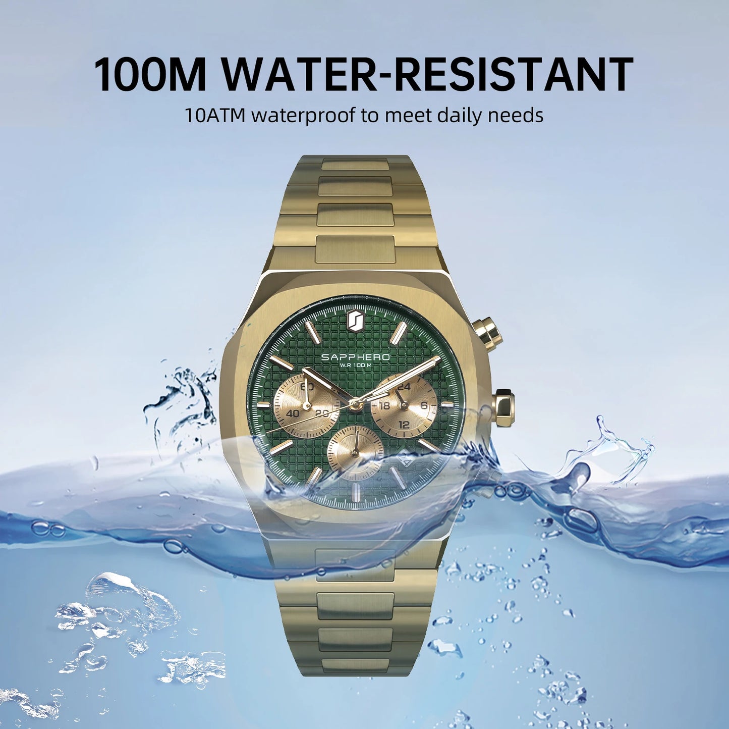 SAPPHERO Men's Luxury Quartz Watch with, Stainless Steel Case, Chronograph, Date Display, 10ATM Waterproof Wristwatch
