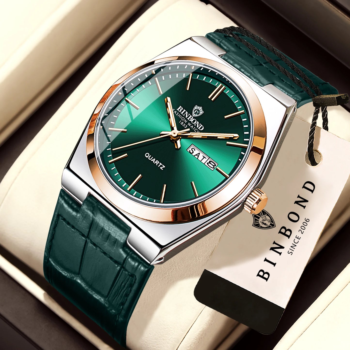 BINBOND Durable Men's Watch Reloj Leather Strap Luxury Quartz Wristwatches Precise Luminous Waterproof Auto Date Week Display
