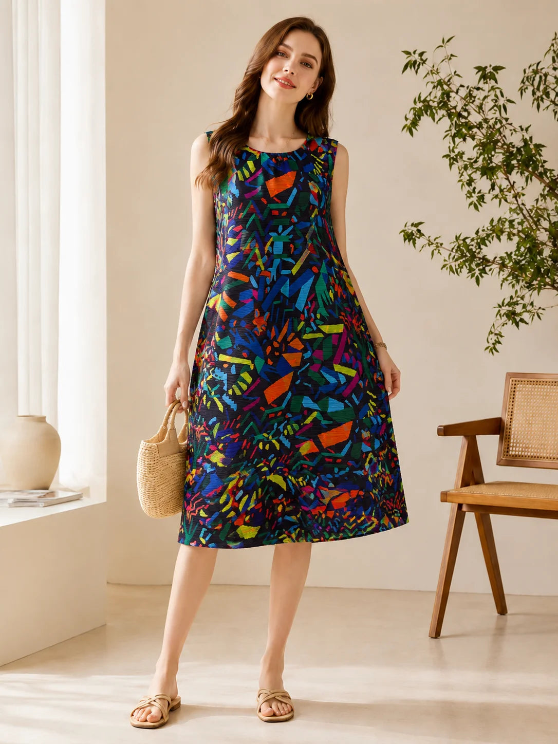 Women Pleated Sleeveless Midi Dress, Abstract Geometric Colorful Art Print Loose A‑Line Tank Dress Round Neck Casual Summer Vacation Party Midi Dresses for Ladies