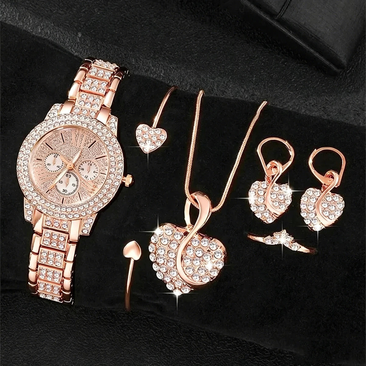 6PCS Luxury Rhinestone Women Watches Jewelry Set Fashion Roma Dial Quartz Wristwatch Accessories Relogio Feminino Clock Gift