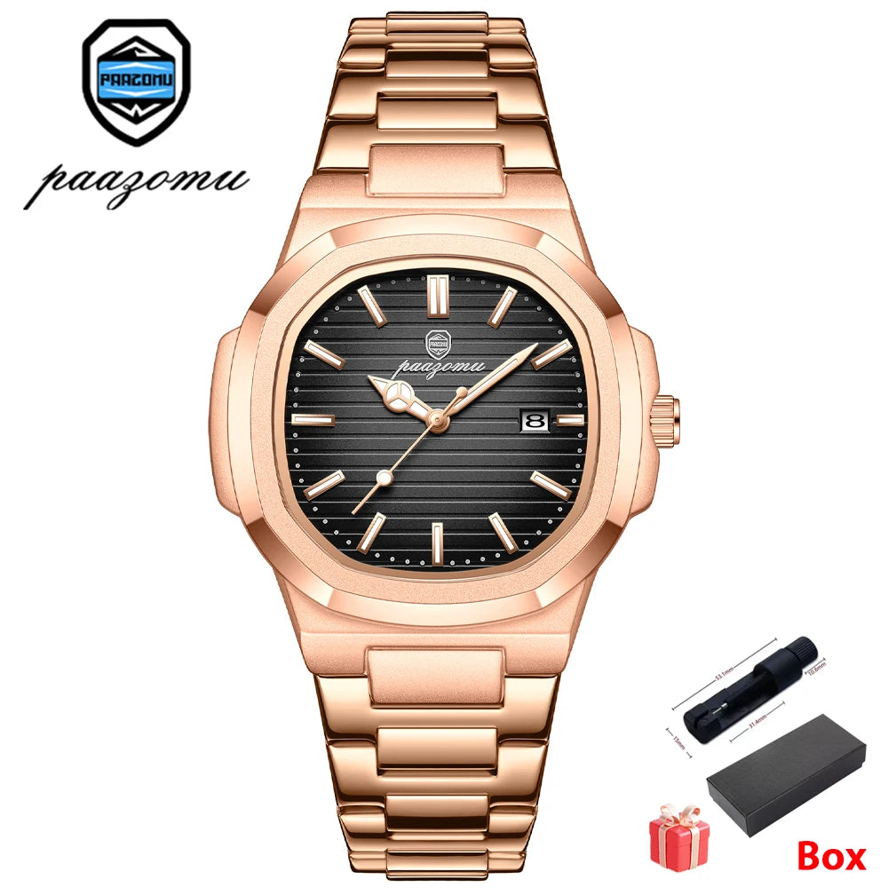 PAAZOMU Luxury Watch Business 50 ATM Waterproof Male Clock Luminous Date Stainless Steel Square Quartz Men Watches Reloj Hombre