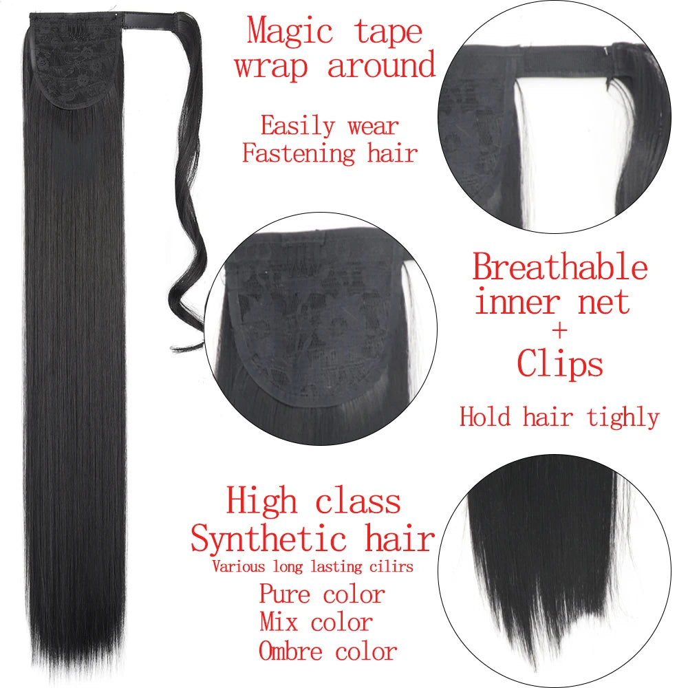 LISI GIRL Synthetic Hair 22''34'' Long Straight Ponytail Wrap Around Ponytail Clip in Hair Extensions Black Hairpiece Headwear