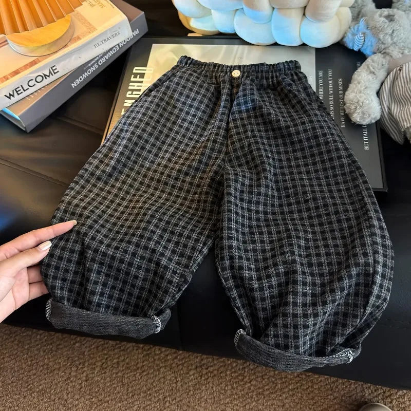 Spring Autumn Children Pants 1-6Years Boys Black Plaid Loose Casual Straight Trousers Korean Toddler Wear for Kids Clothes New
