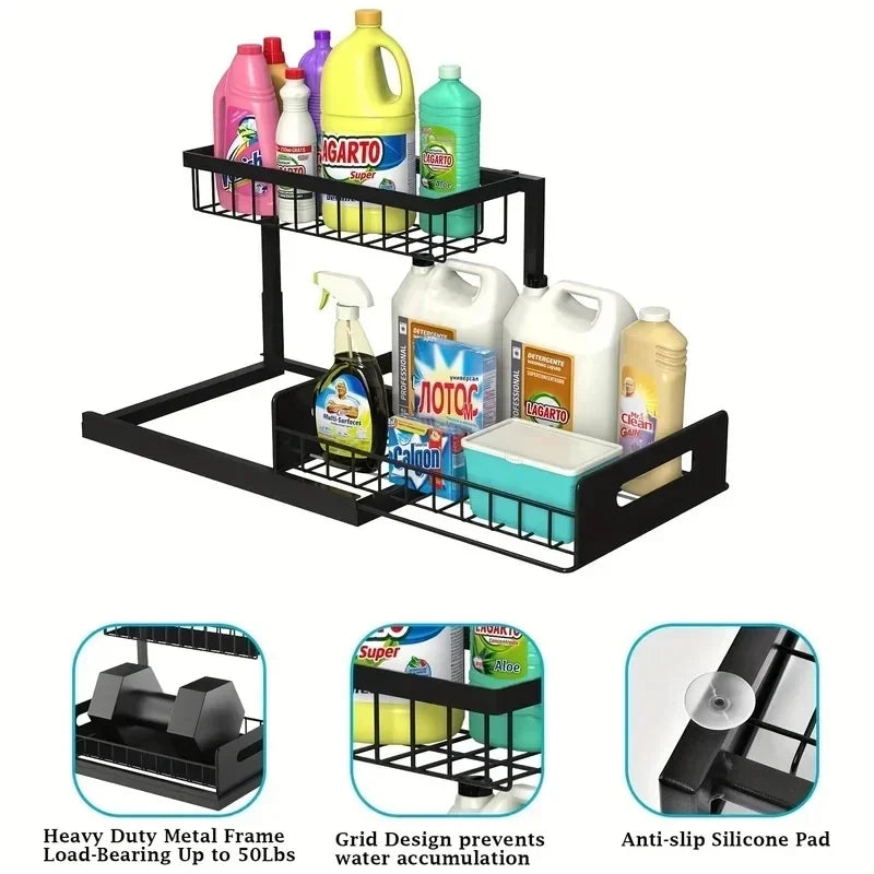 Household Pull Out Under Sink Shelf 2 Layer Sliding Storage Rack Practical Organizer For Kitchen Bathroom Cabinet