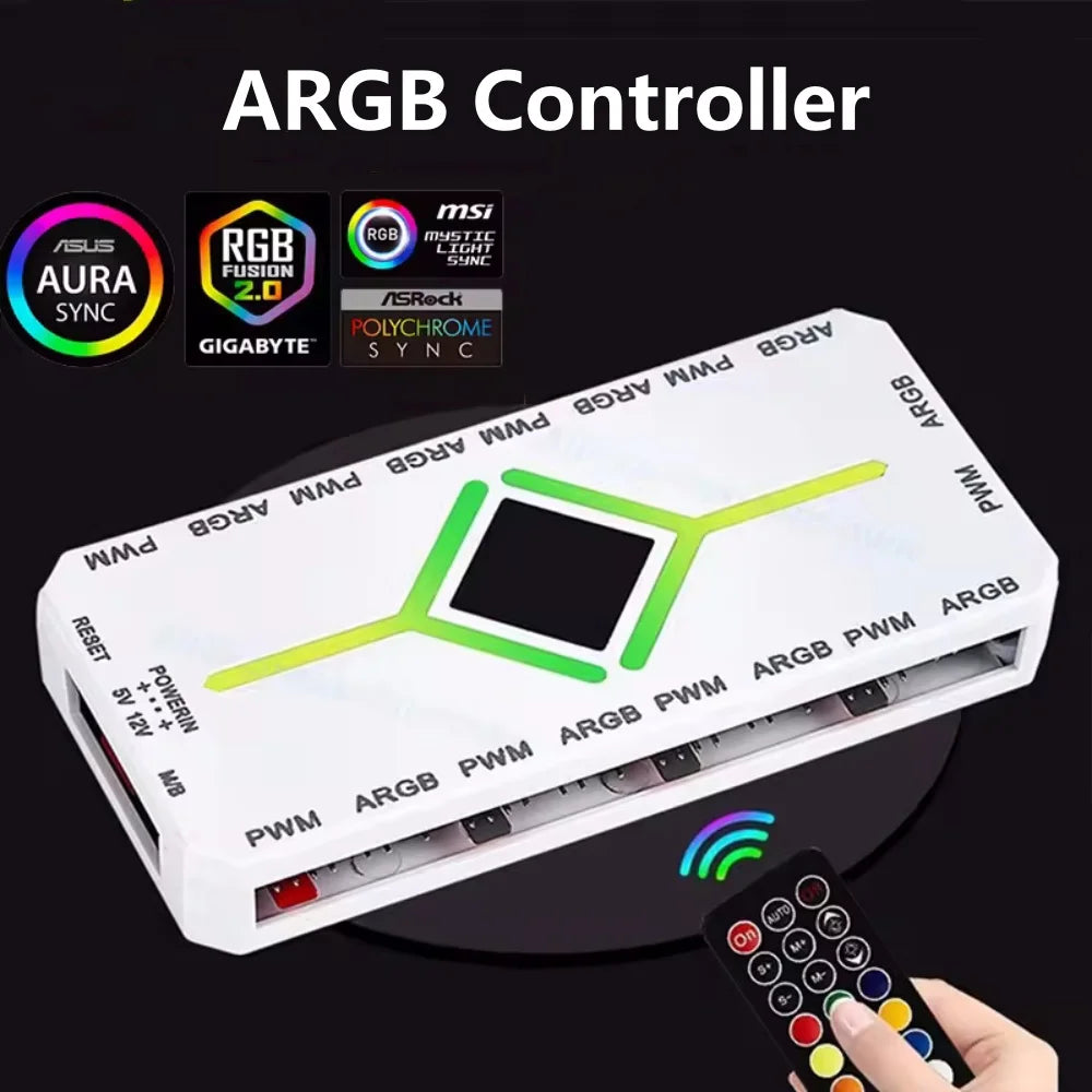 3 in 1 5V 3 Pin ARGB Controller Cooling Fan Hub 4 Pin PWM Magnetic Suction Hub PWM Fan Hub 1To9 Ports for Computer PC Case Fan