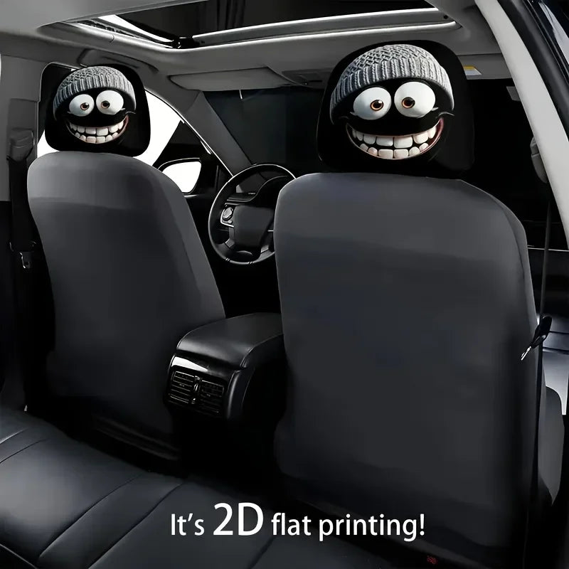 Grey Funny Smiling Face Car Headrest Cover, Double-sided Print - No Filling Material, Easy Installation - Interior Decoration