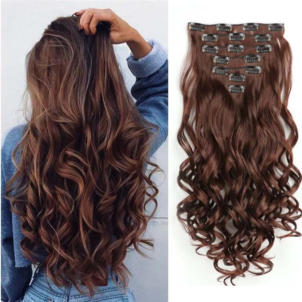 22 Inch Elegant Sexy White Hair 7Pcs/Set 16 Clips Long Curly Wave, Body Wave Synthetic Hair Extensions Clip-in Hair Extensions