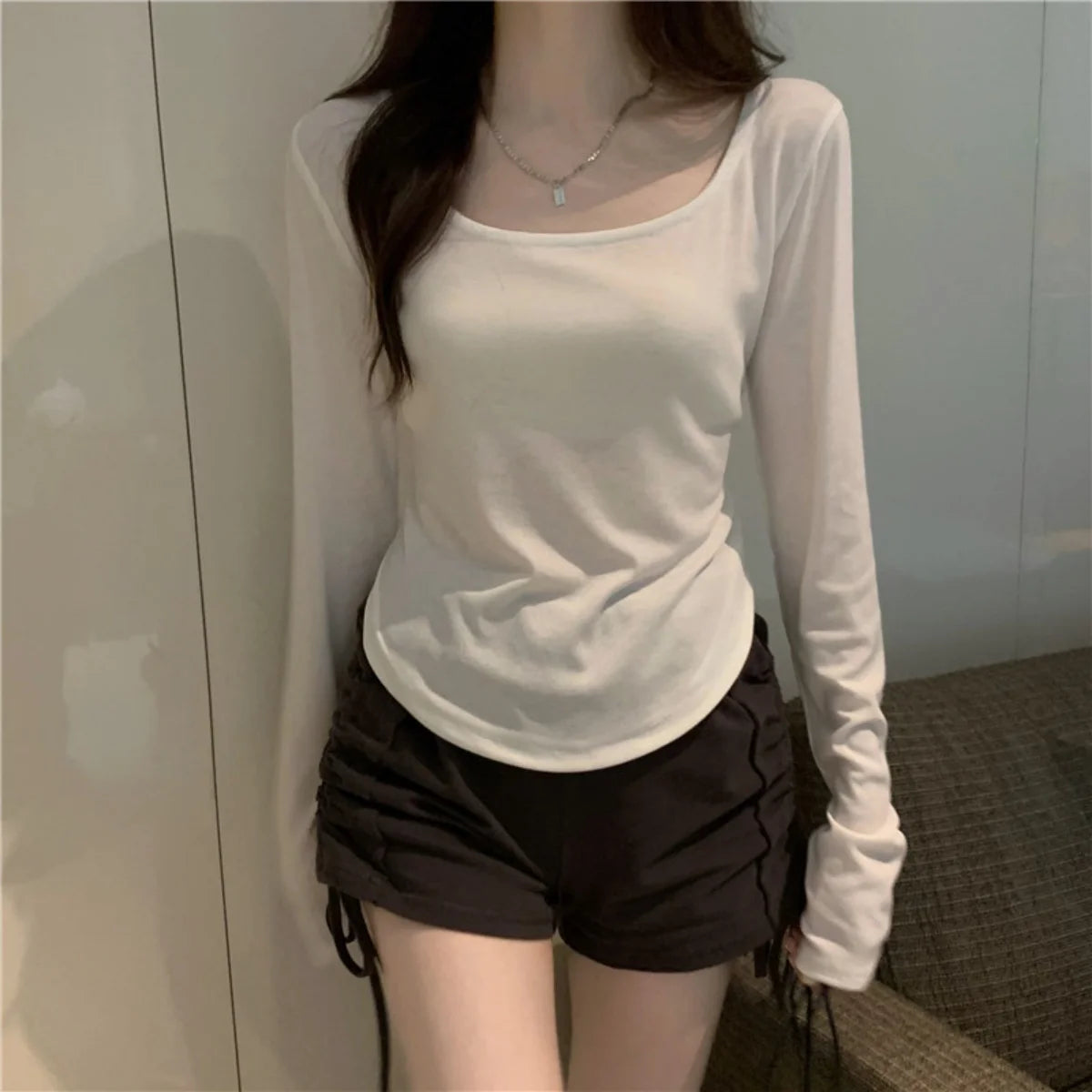 Square Neck Long Sleeve T-Shirt Women Spring Autumn New Irregular Hem Slim Casual Top Solid Bottom Shirts New Korean Streetwear