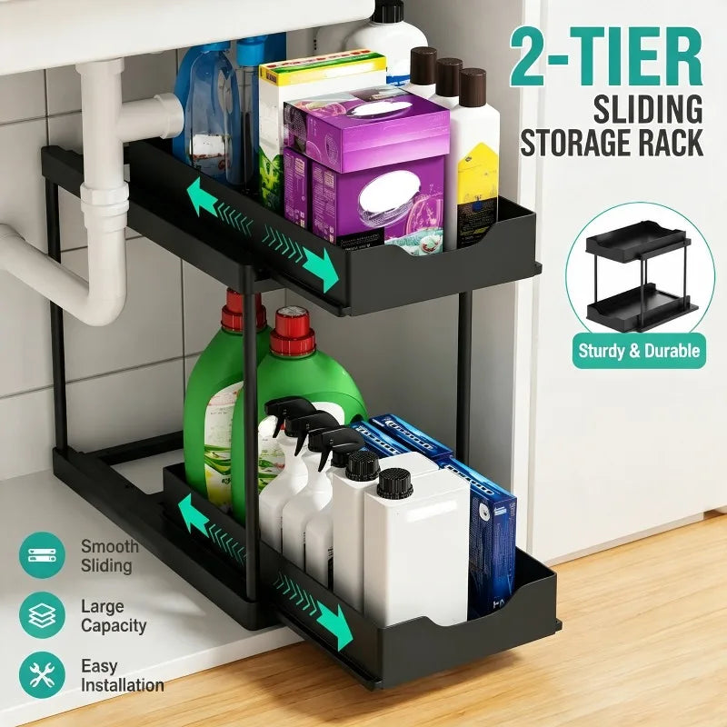 2-Tier Sliding Pull Out Kitchen Storage Rack PP Drawer Organizer for Under Sink Cabinet Bathroom Countertop Space Saving Basket