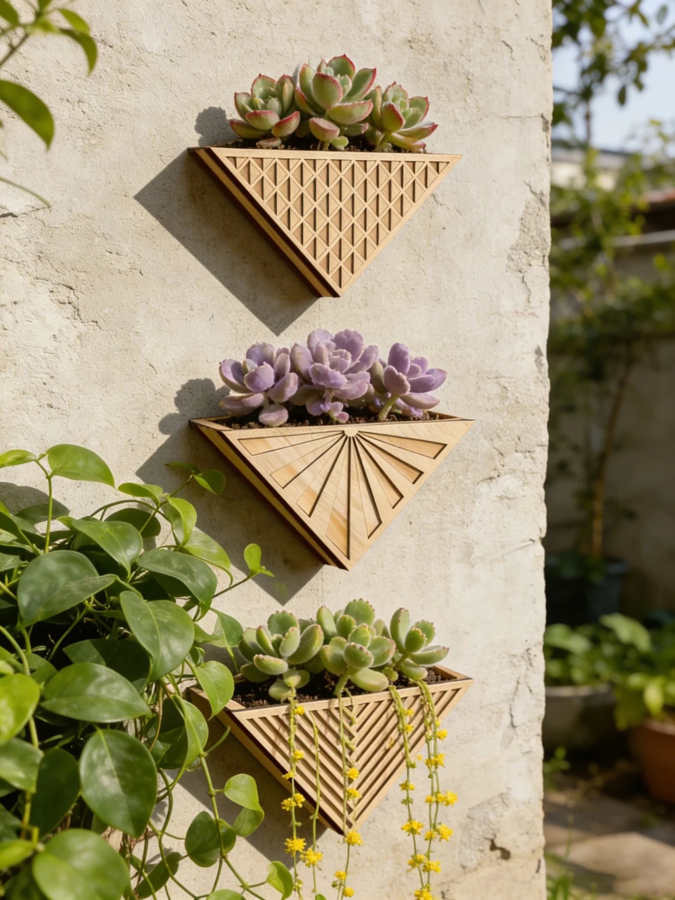 1pc Wooden Triangle Wall Planter Geometric Flower Pot for Succulent Herb Plants Storage Organizer Home Garden Balcony Wall Decor