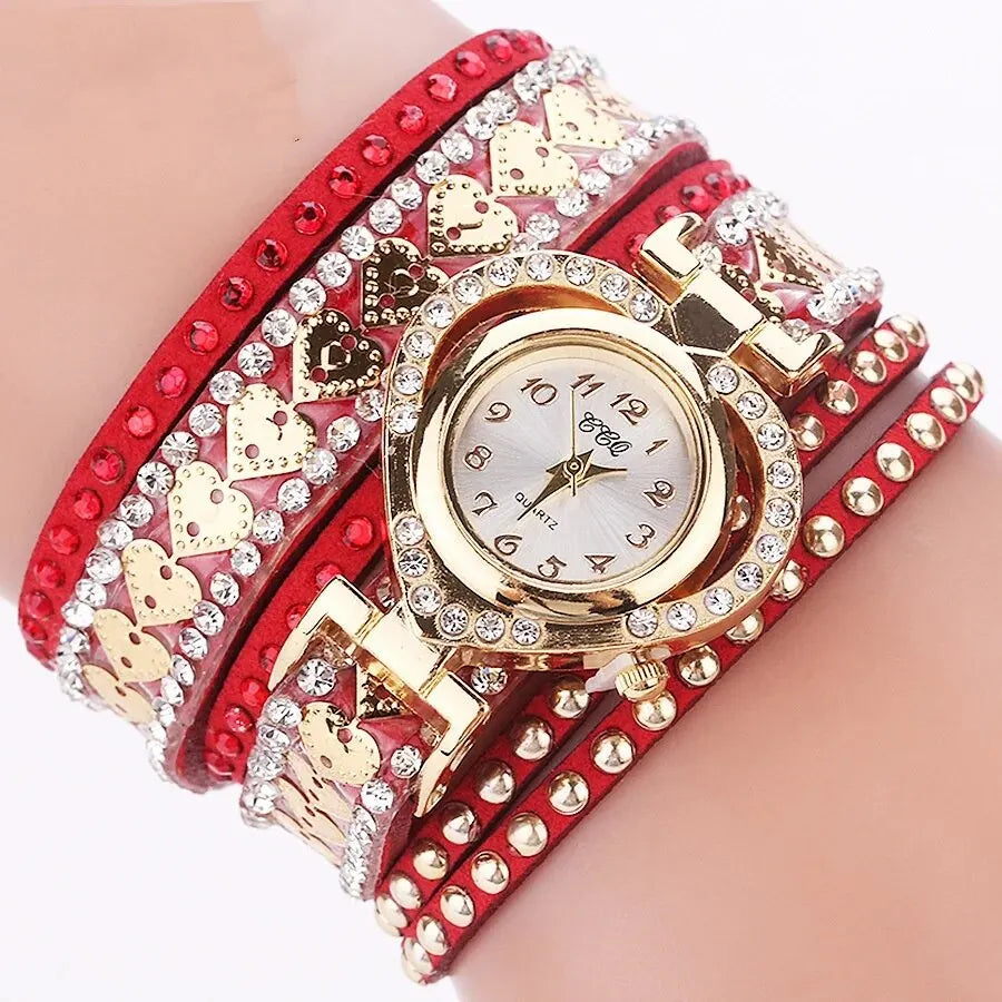 Luxury Women Heart Dial Shiny Design Quality Women Quartz Watch Fashion Rhinestone Bracelet Wrap Strap Women Watch Gifts