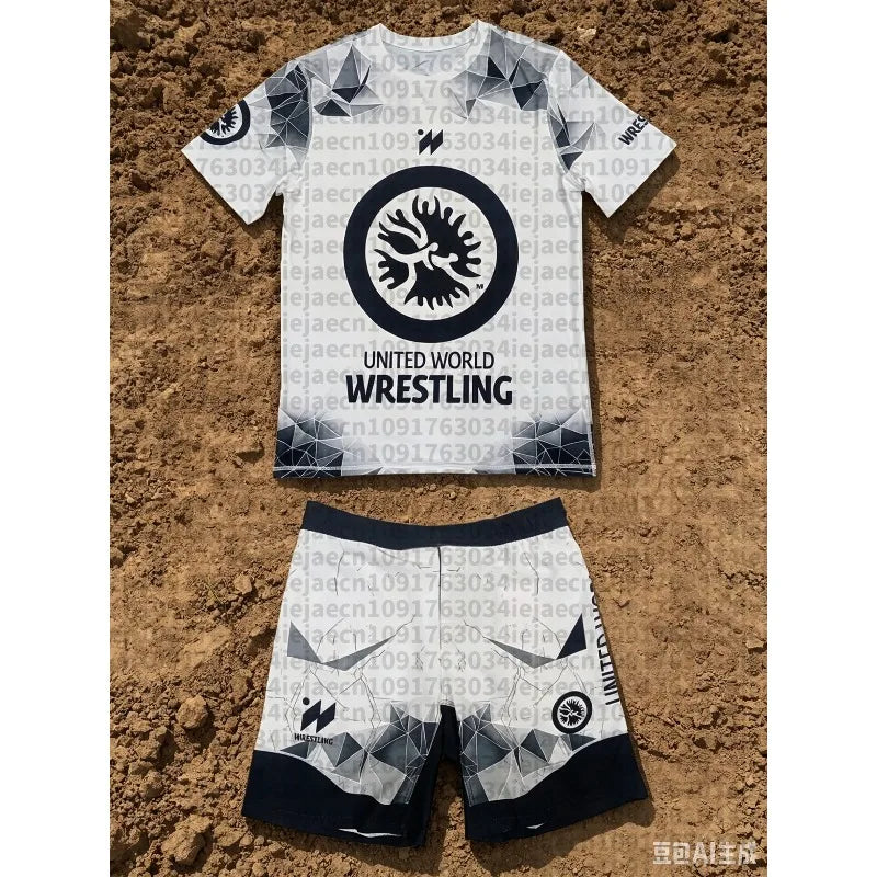 2026 New Summer Men United World Wrestling Sportswear Set Short Sleeve T Shirt and Shorts for MMA Training Lightweight