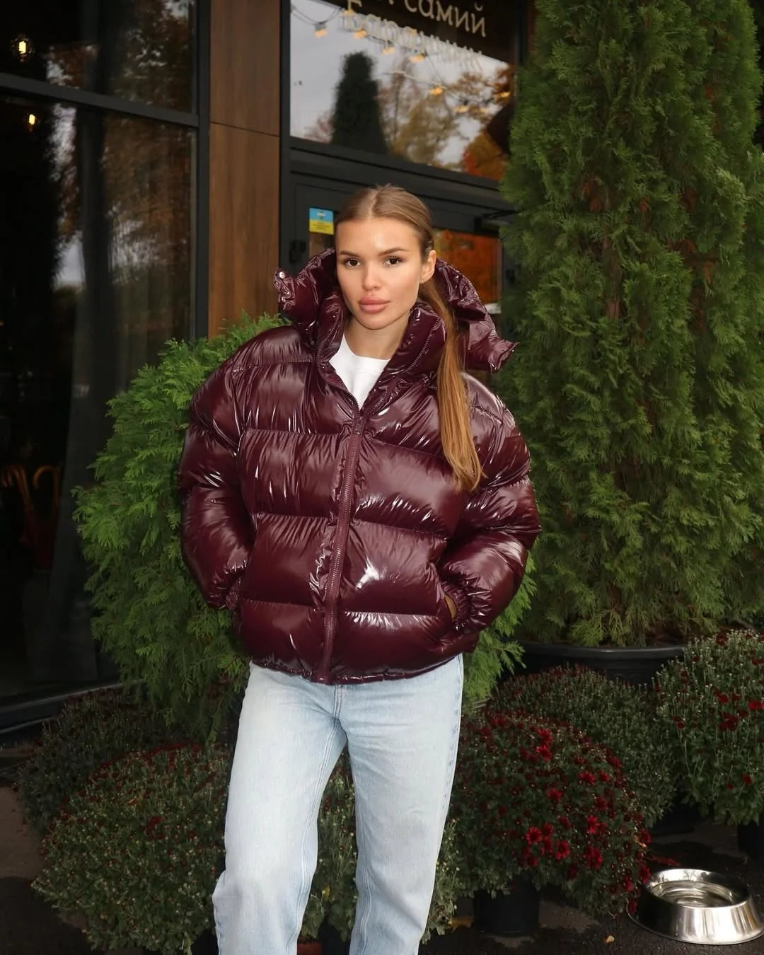 Women Solid Hooded Glossy Padded Jacket Long Sleeve Stand Zipper Fluffy Warm Coat Autumn Winter 2025 Chic Casual Street Jackets