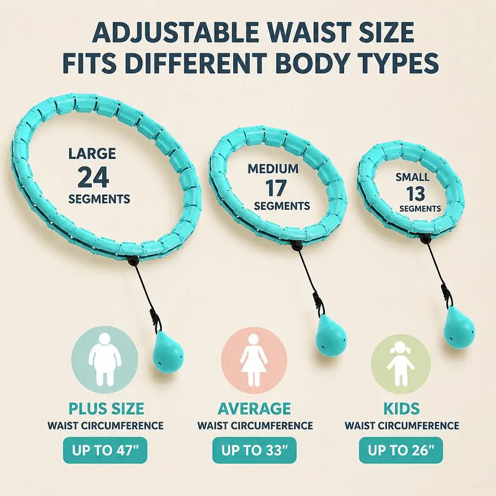 Smart Weighted Fitness Hoop 24 Detachable Links Adjustable Plus Size 47-Inch Slimming Ring Waist Trainer Auto-Spinning Massage Circle for Adults Women Beginners Weight Loss Fat Burning Home Gym Workout Equipment