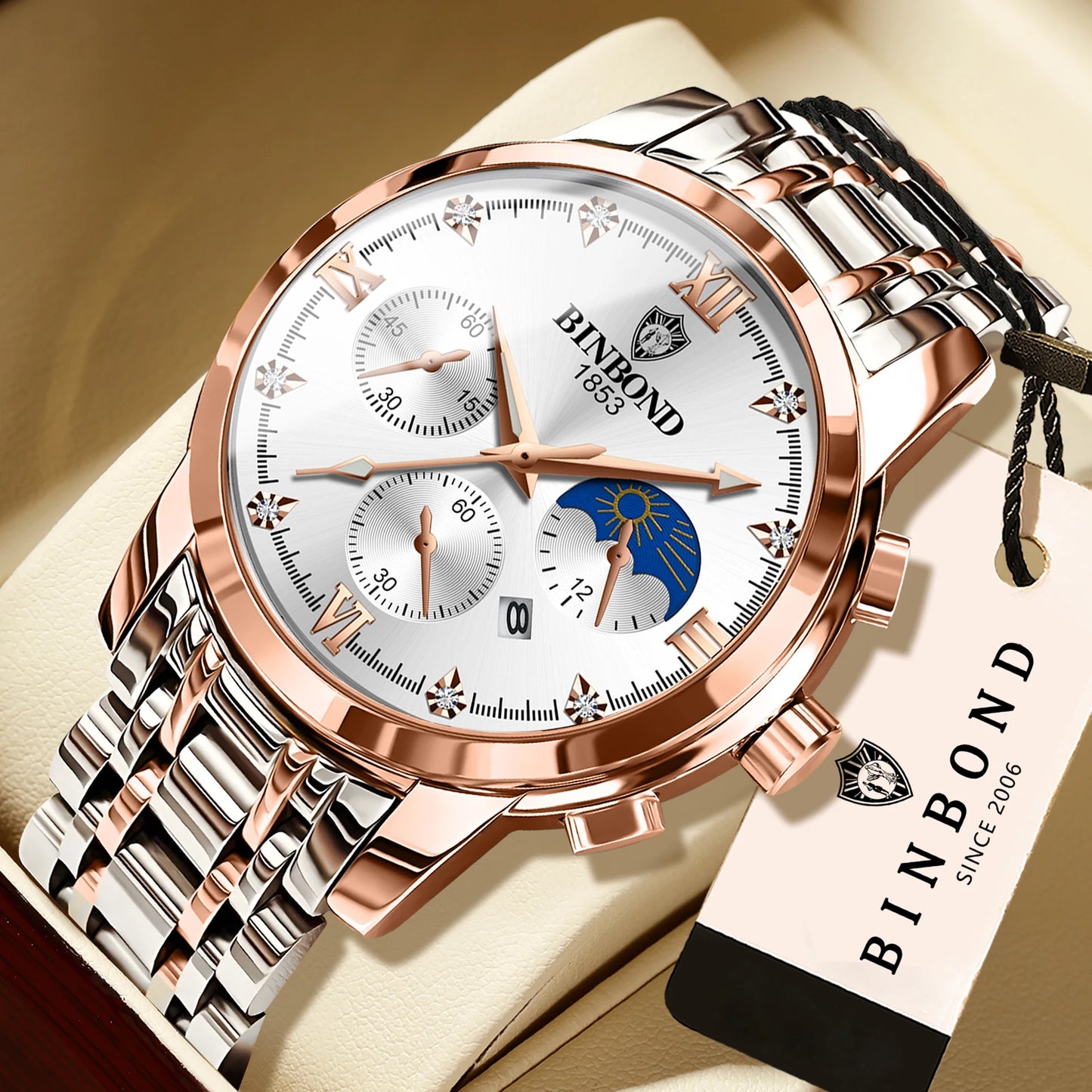 BINBOND Authentic Brand Precise Quartz Watches For Men Luxury Luminous Waterproof Sturdy Men's Watch Stainless Steel Reloj