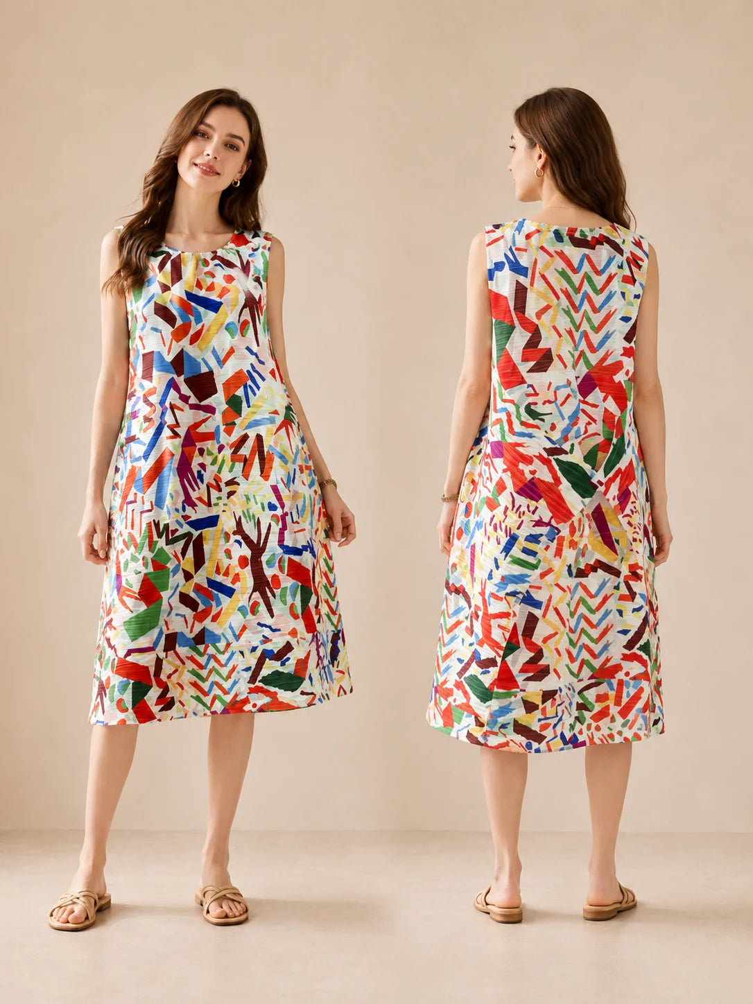 Women Pleated Sleeveless Midi Dress, Abstract Geometric Colorful Art Print Loose A‑Line Tank Dress Round Neck Casual Summer Vacation Party Midi Dresses for Ladies