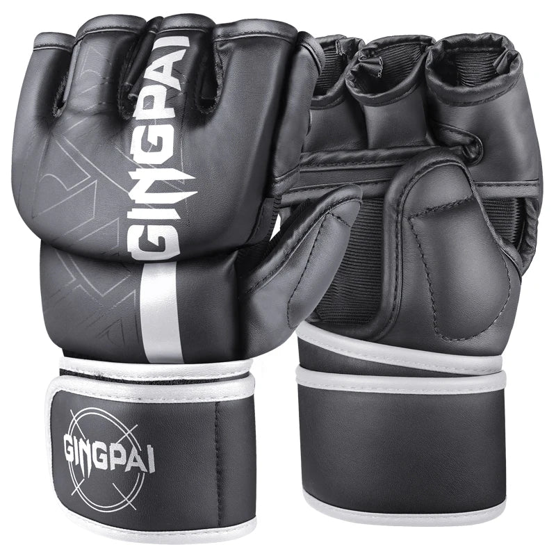 GINGPAI Half Finger Boxing Gloves PU Leather MMA Fighting Kick Boxing Gloves Karate Muay Thai Training Workout Gloves Men