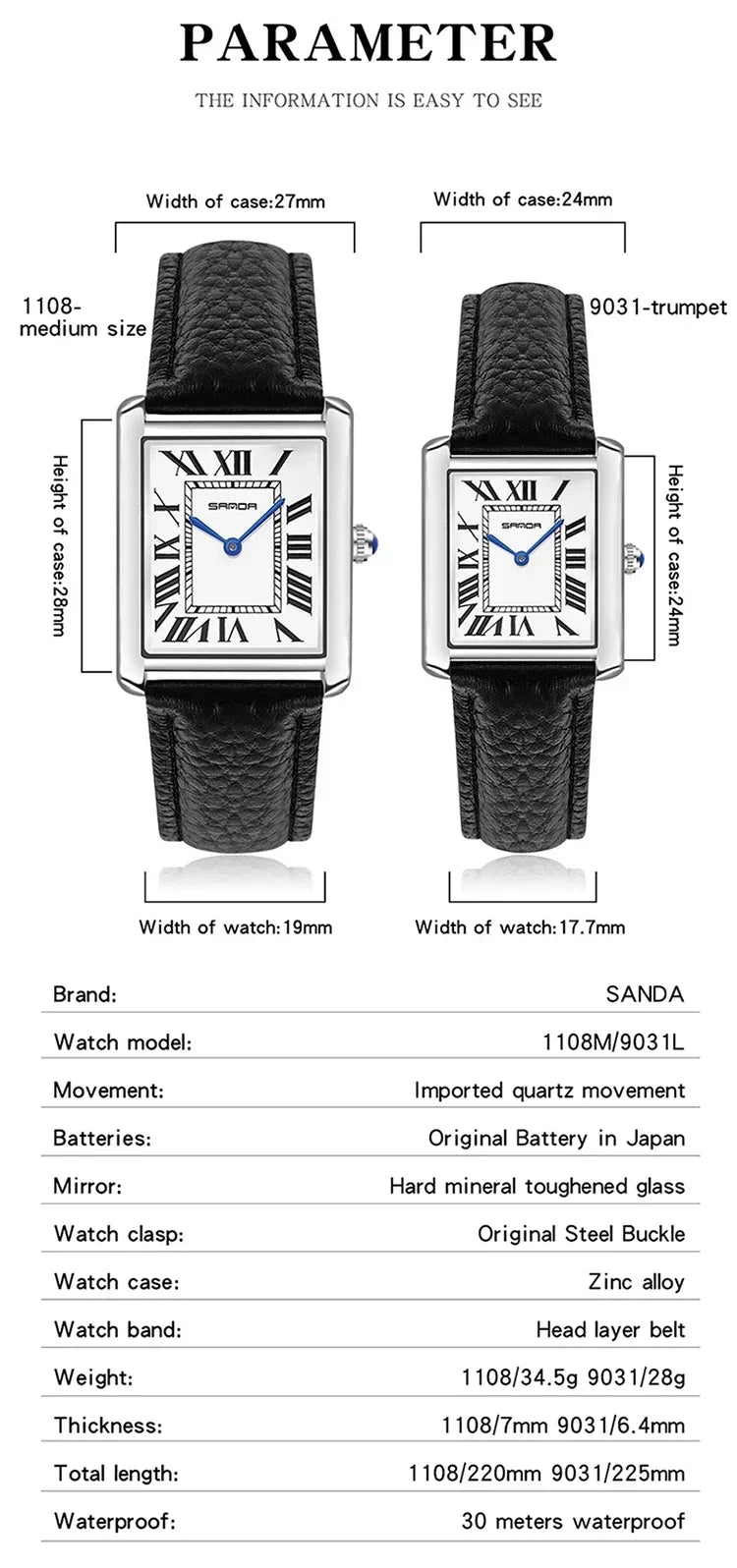 SANDA 9031/1108 Resistant Leather Strap Square Dial Waterproof Sport Casual Women Men Quartz Watches Reloj Luxury Couple Watch