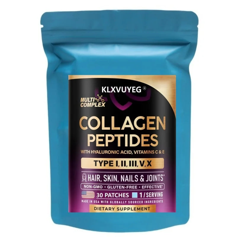 KLXVUYEG Collagen Peptides - Hydrolyzed Types I, II, III, V & X, with Hyaluronic Acid, Vitamins C & E - Skin, Hair, 30 Patches