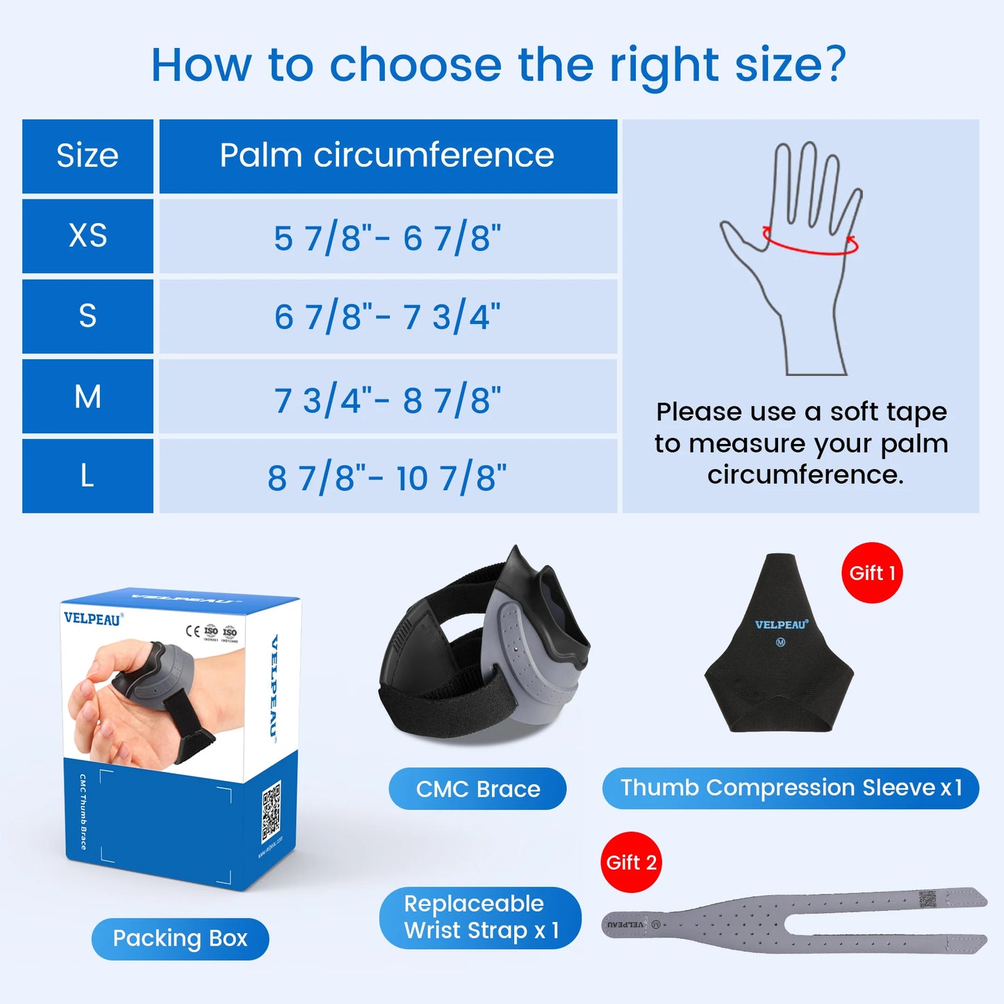 VELPEAU CMC Thumb Brace with Compression Sleeve, Thumb Joint Splint for Osteoarthritis Arthritis and Basal Thumb Support