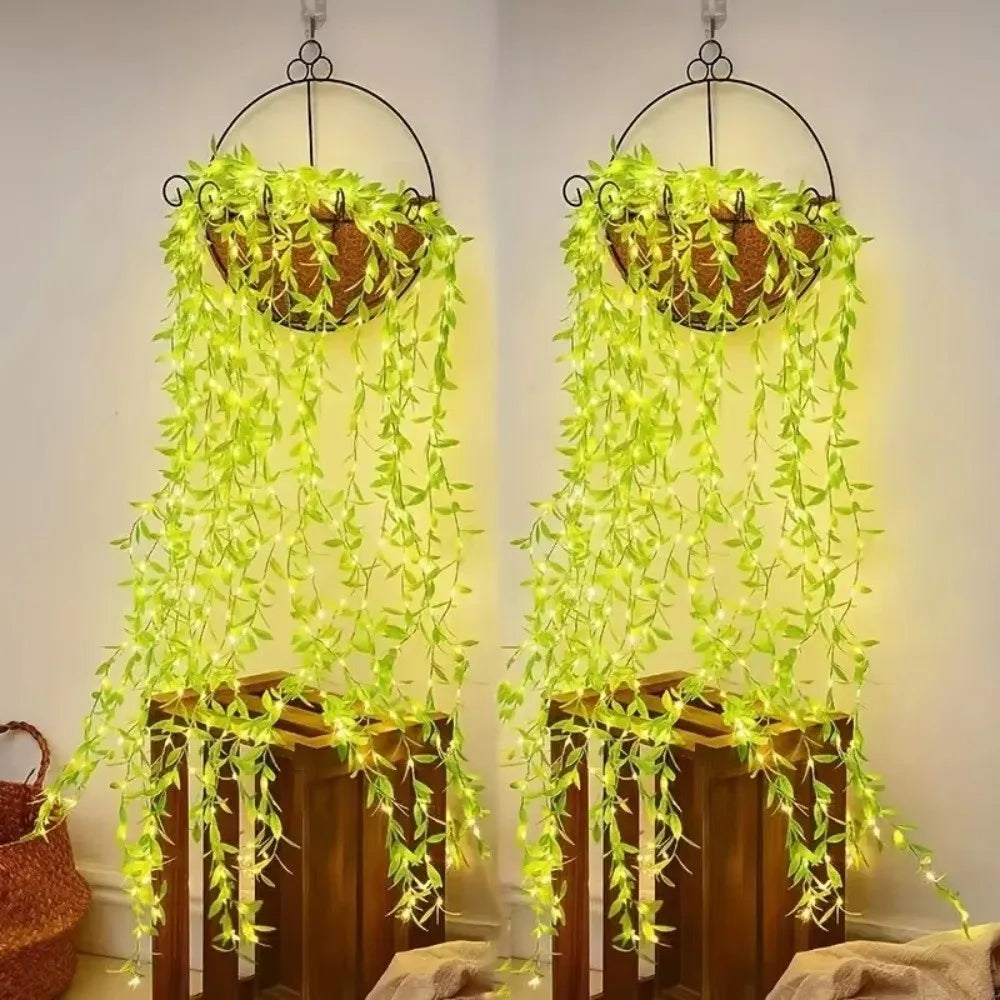 2/5M 20Light Willow Leaf String Lights Always on Battery Box Willow Curtain Lamp Artificial Flowers Desktop Decoration