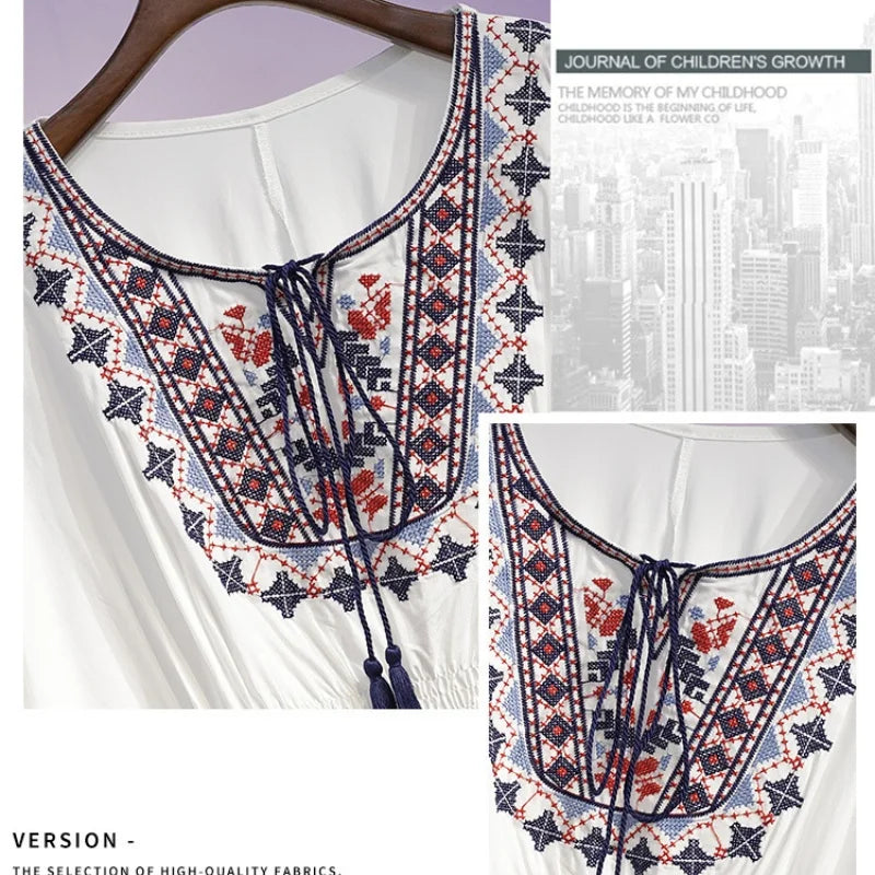 Women Summer Tees Retro Boho Style Print Crop Blouses Cloak Top Loose Cotton Lace Hem Bat sleeve Kimono Shirts Blusa Feminina
