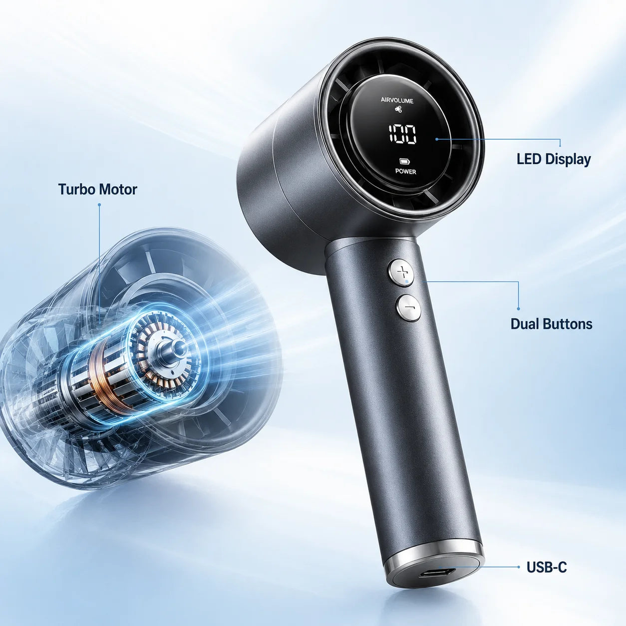 Fan Handheld Portable Mini Air Cooler LED Display USB Rechargeable 5 Speeds Adjustable Efficient Cooling Quiet for Outdoor