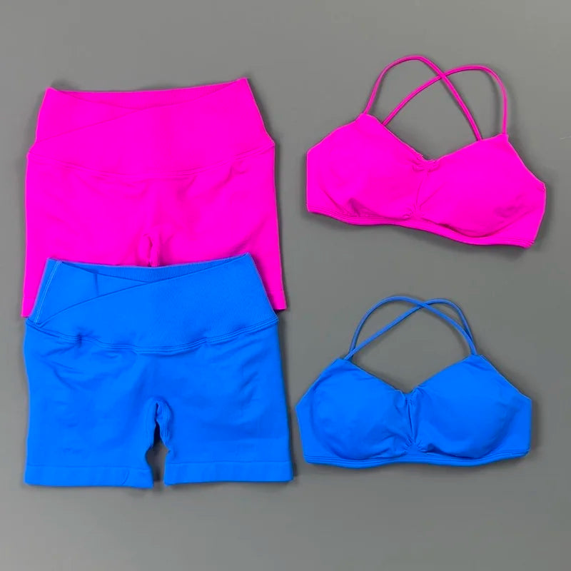 2 Piece Yoga Set Women Criss‑Cross Back Straps Bralette Crossover Waist Yoga Shorts Buttery-Soft Gym Training Workout Activewear