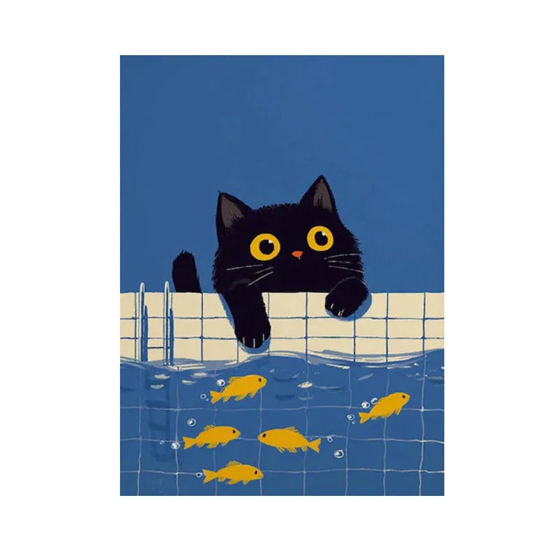 Cute Black Cat Wall Art Print with Goldfish, Whimsical Animal Illustration Poster, Modern Contemporary Poster Home Decoration