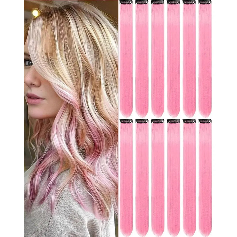 6/12 PCS Hair Extensions Clip, 22in Colored Hair Extensions Party Highlights Long Straight Synthetic Hairpieces for Girls Cospla
