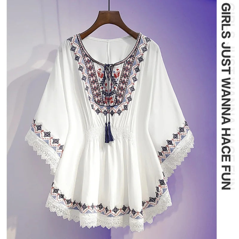 Women Summer Tees Retro Boho Style Print Crop Blouses Cloak Top Loose Cotton Lace Hem Bat sleeve Kimono Shirts Blusa Feminina