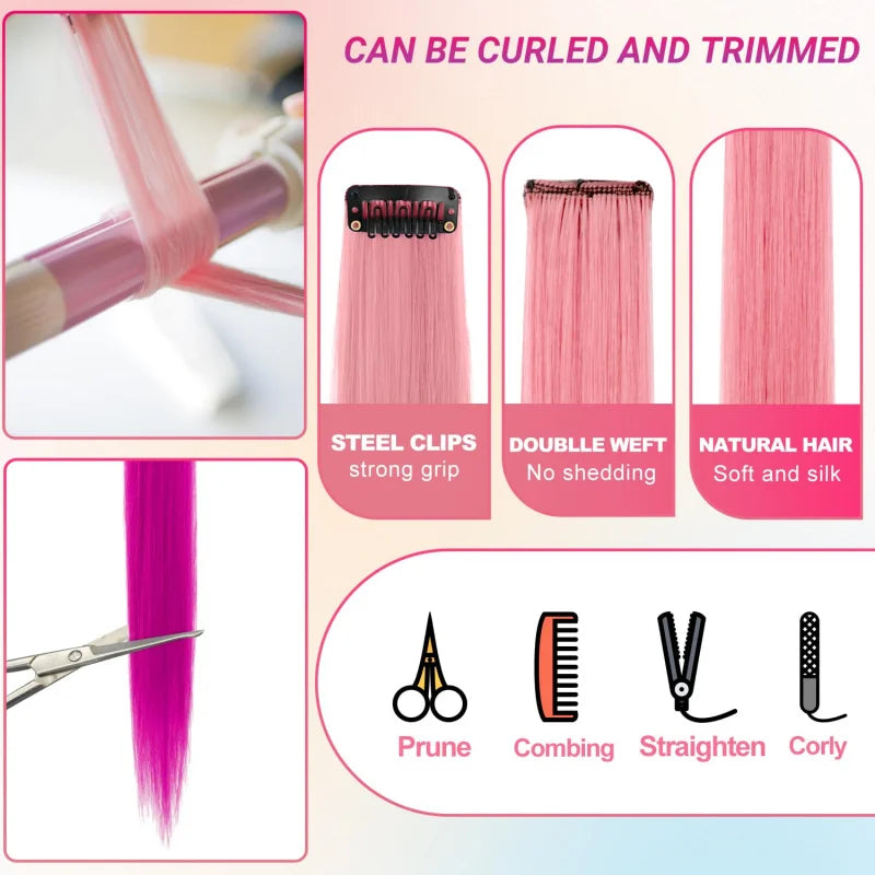 1 5 11 Pcs/lot Clip in Hair Extensions Multi-Colors Highlights Synthetic Hair 22 inch Rainbow Hairpieces for Girls Women Kids
