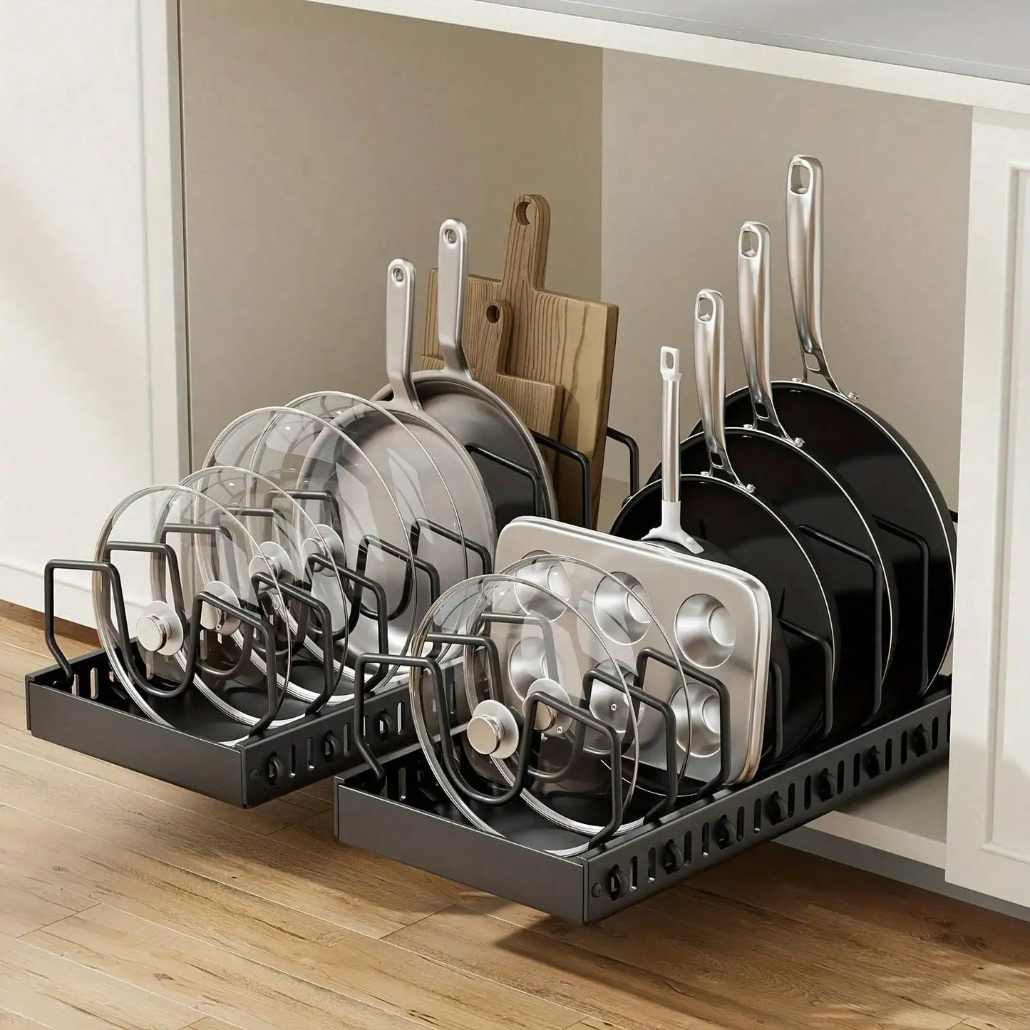 Heavy-Duty Pull-Out Pot Lid Organizer Rack, Under Cabinet Kitchen Organizer With 8 Adjustable Compartments, Space-Saving Kitchen Essentials, Sturdy Home Accessories, Fits Pots Pans Lids, Easy Install For Kitchen Restaurant Ho