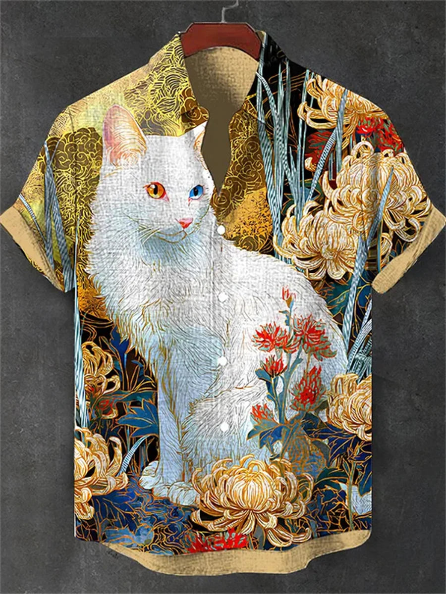 Men's blue and white color-blocked short-sleeved shirt with black cat print, collared casual outdoor vacation Hawaiian shirt.