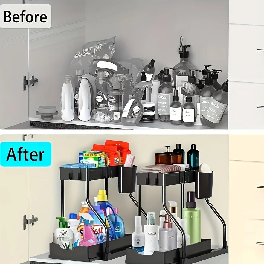 Space Saving 2 Tier Under Sink Organizer Pull Out Durable Storage Box For Kitchen Bathroom Large Capacity Drawer Organizer