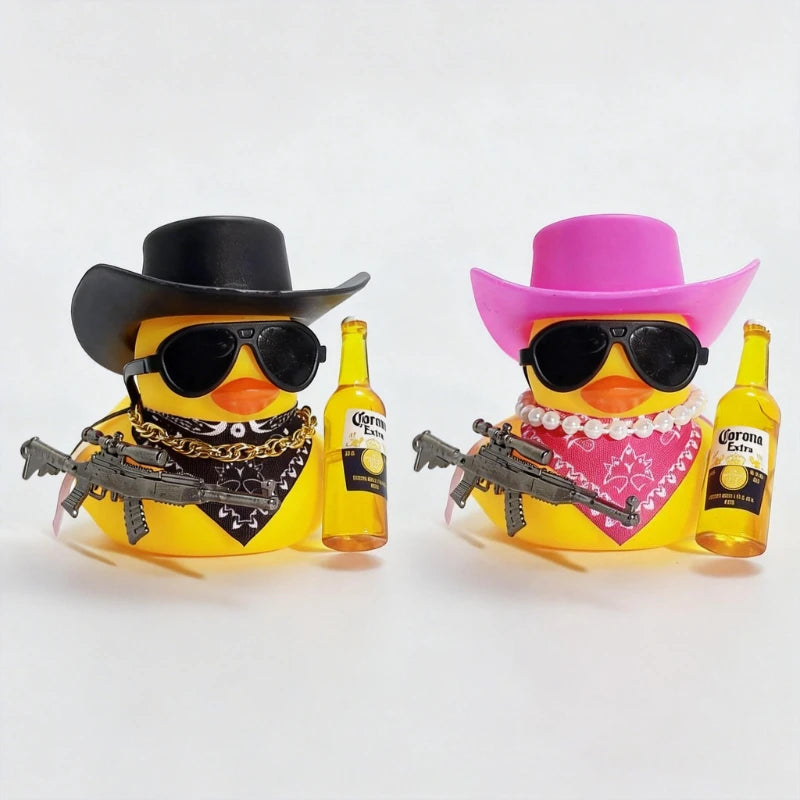 Cute Fortunate Rich Duck Car Dashboard Decoration Yellow Black Duck with Cowboy Hat Scarf Bottle for Women Men Car Ornament