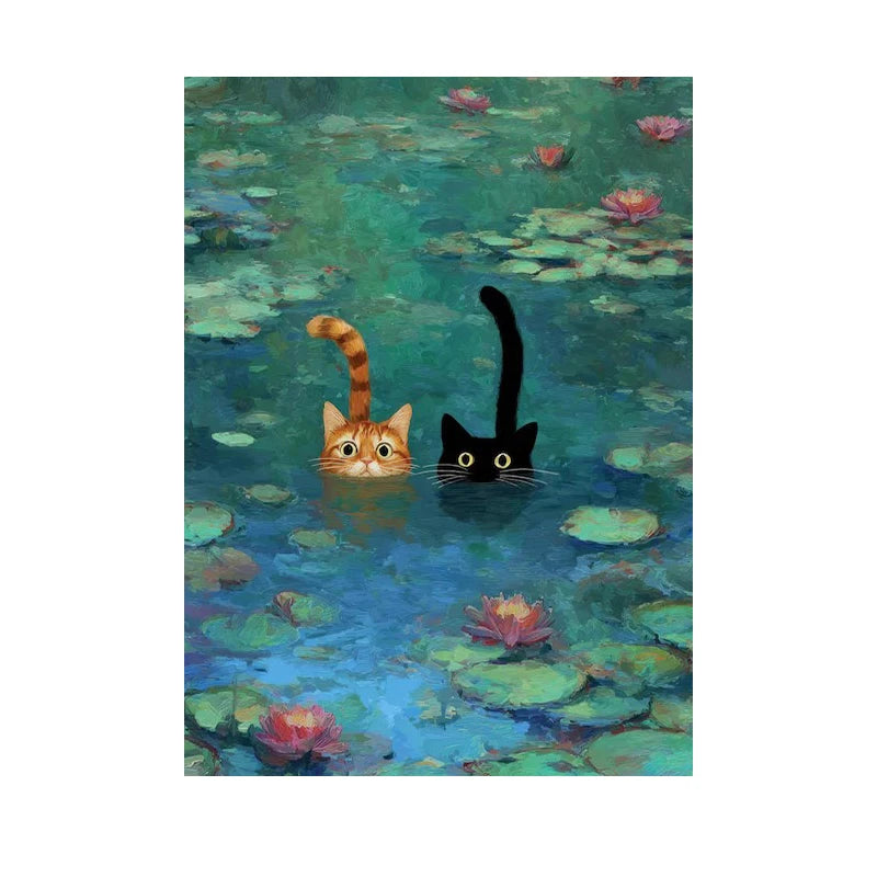 Monet Inspired Art Print, Whimsical Cat Poster Funny Cat Wall Art for Living Room Home Decoration