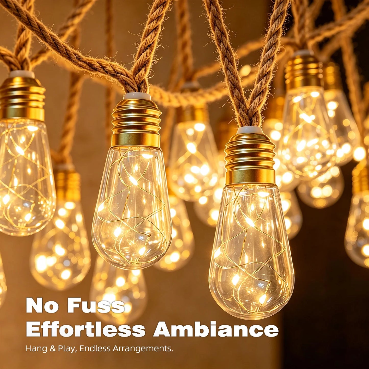 Outdoor solar light string, 10/25 bulb hanging retro hemp rope light string, light source sensing on/off, 12 modes transparent bulb garden string lights, suitable for courtyard, fence, eaves, terrace, wedding decoration, Chri