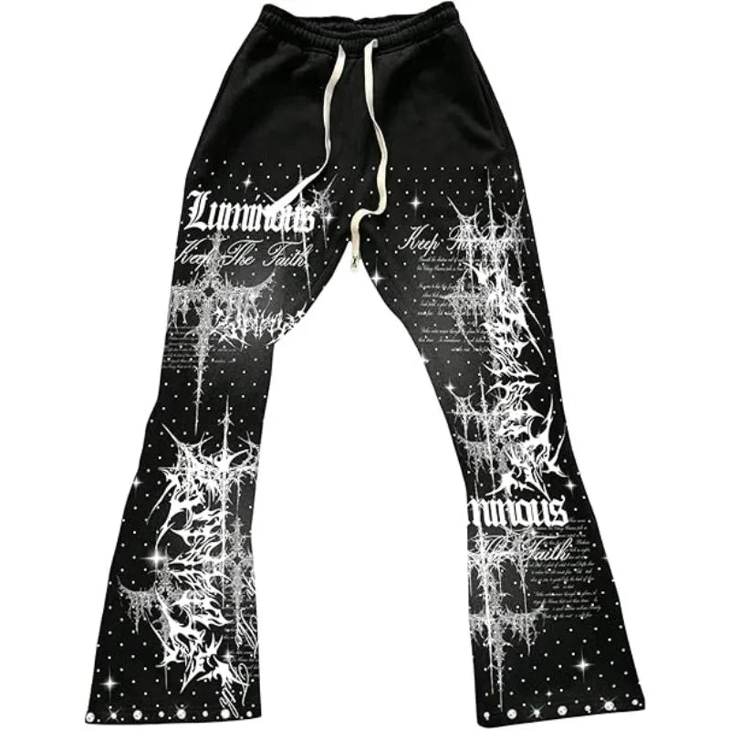 2026 Summer Men's Casual Street Style Trendy Cross Print Fashionable Slightly Flared Color-Block Design Sweatpants Kids Pants