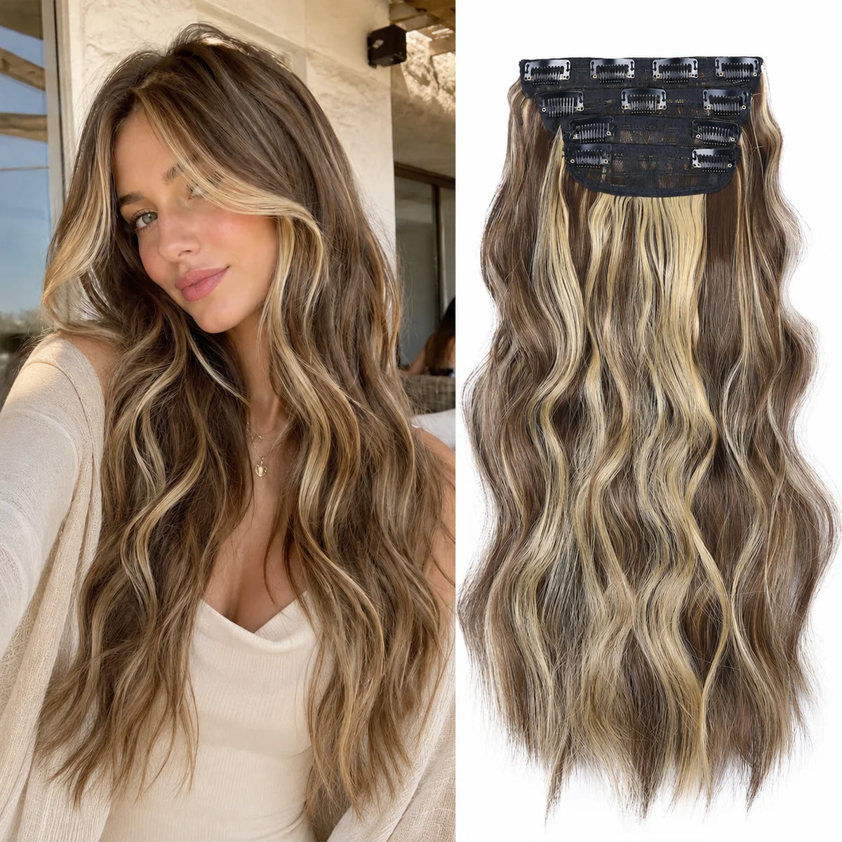 4Pcs/Set 20Inch Synthetic Hair Clip In Long Wavy Thick Hairpieces For Women Full Head Synthetic Hair Extensions Ombre Hairpieces