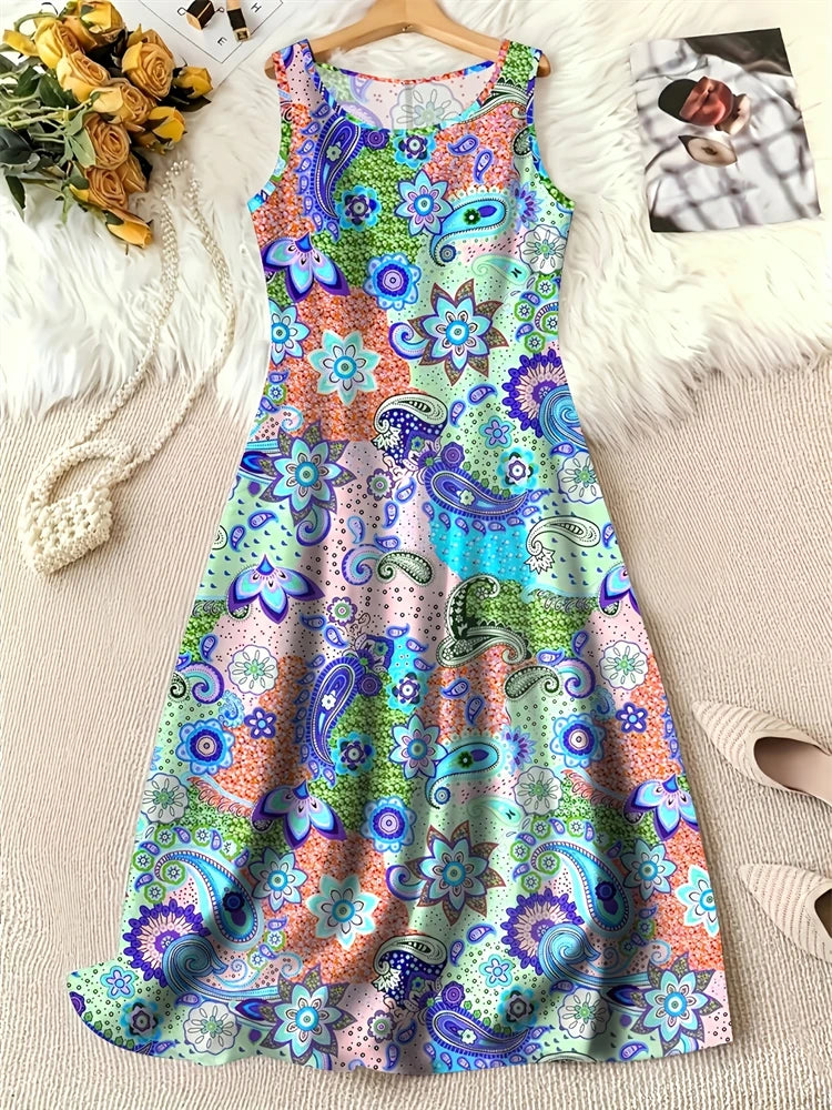 Summer Fashion Round-Neck Women's Dresses Botanical Floral Color-Blocked Patchwork Dresses Travel Party and Beach Dresses