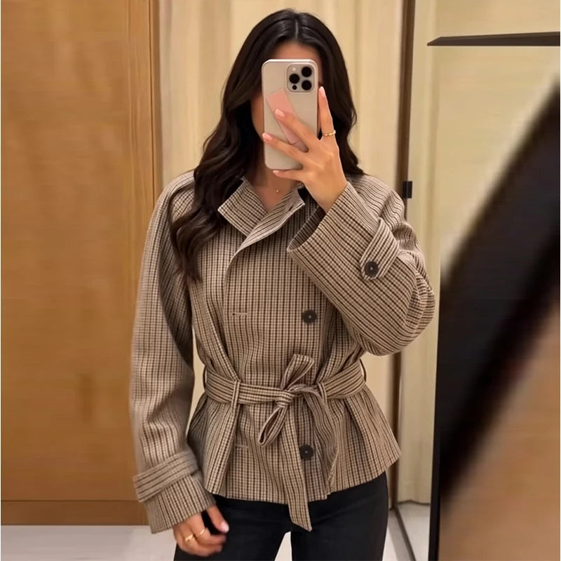 2026 Autumn Plaid Stand Collar Woolen Coats Ladies Casual Single-breasted Pockets Full Sleeve Jackets Women's Street Outwear