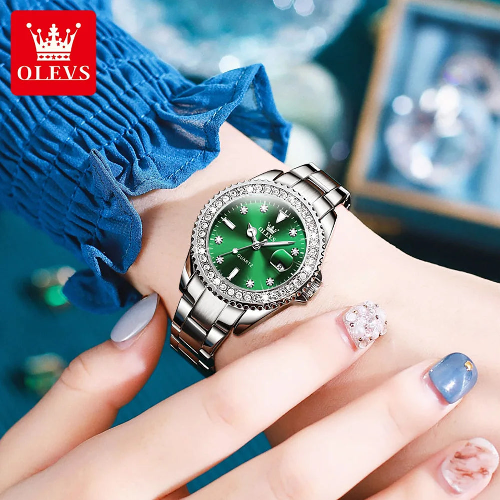 OLEVS Elegant Original Quartz Women's Watch Luxury Diamond Dial Fashion Steel Band Leather Band Waterproof Glow Watch 9945