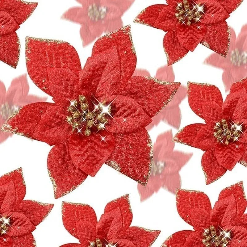 5Pcs Christmas Glitter Poinsettia Flowers Artificial Berry Christmas Tree Ornament for Xmas Wreath Floral New Year 2026 Decor