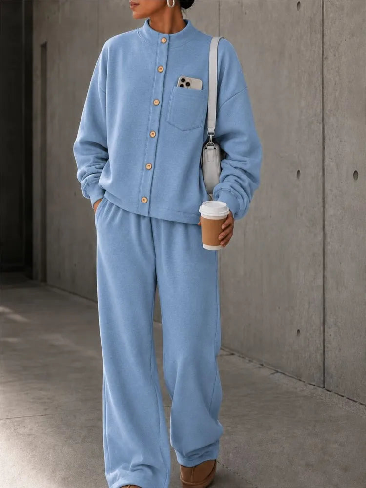 Autumn Women's Single-breasted Button-down Long-sleeved Cardigan Trousers 2-piece Set Casual Retro Wide-leg Trousers Female Suit