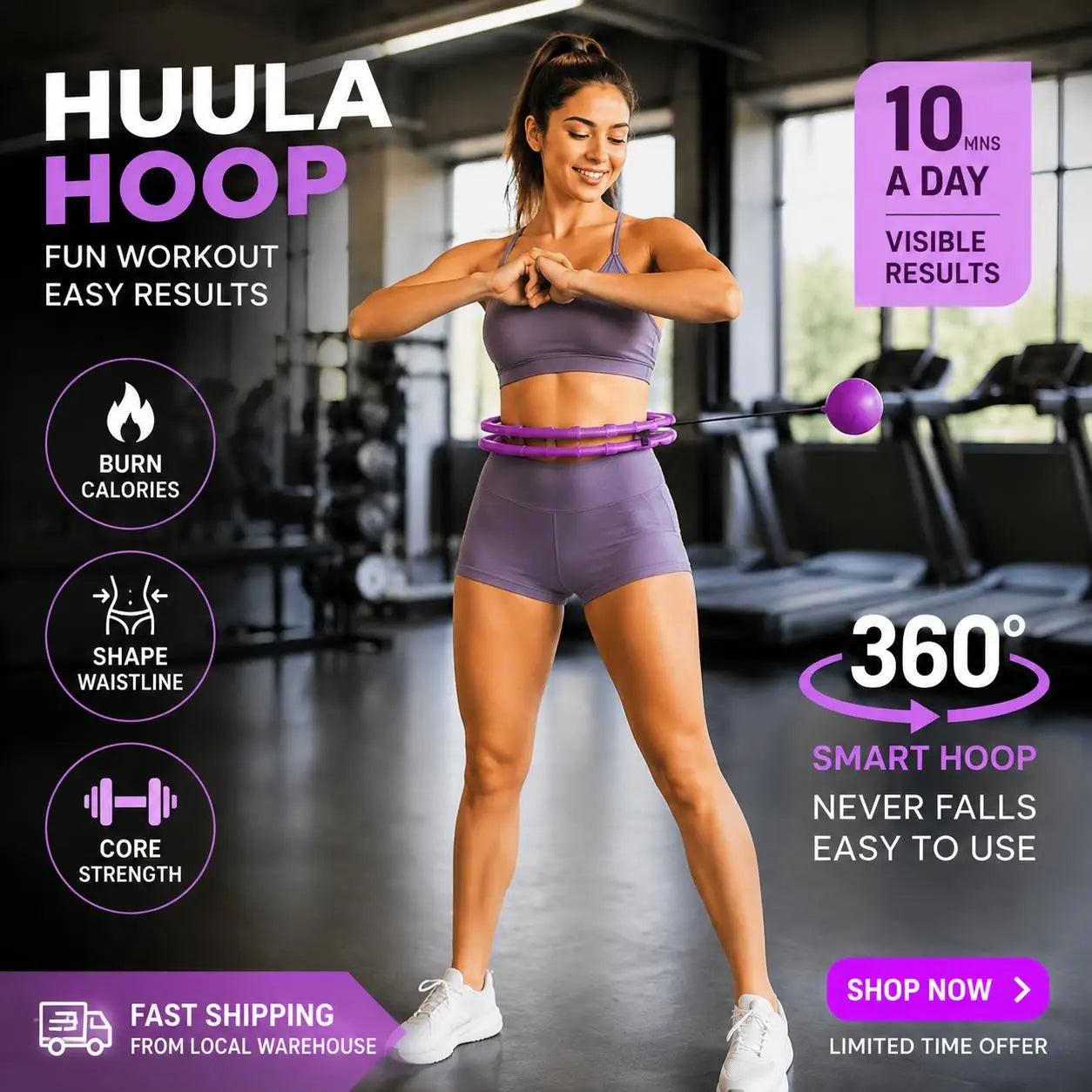 Smart Weighted Fitness Hoop 24 Detachable Links Adjustable Plus Size 47-Inch Slimming Ring Waist Trainer Auto-Spinning Massage Circle for Adults Women Beginners Weight Loss Fat Burning Home Gym Workout Equipment