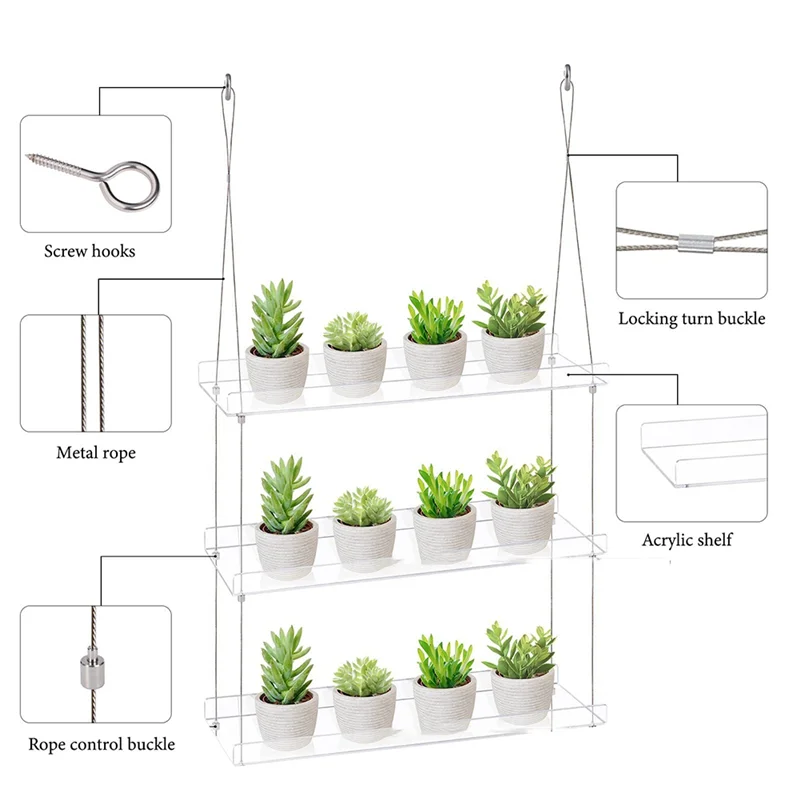 ABKY-3-Tier Window Plant Shelves 16 Inch, Acrylic Adjustable Hanging Floating Shelf, Window Sill Extender For Indoor Plants