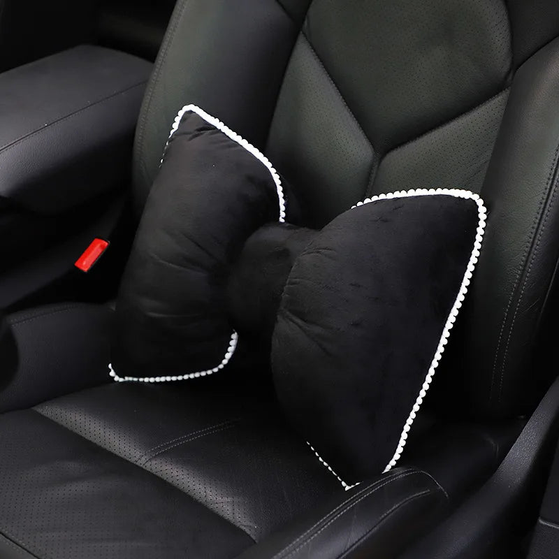 Comfortable Soft Pink Plush Car Headrest Lumbar Support Cartoon Bowknot Car Waist Neck Pillow Car Interior Decoration For Winter