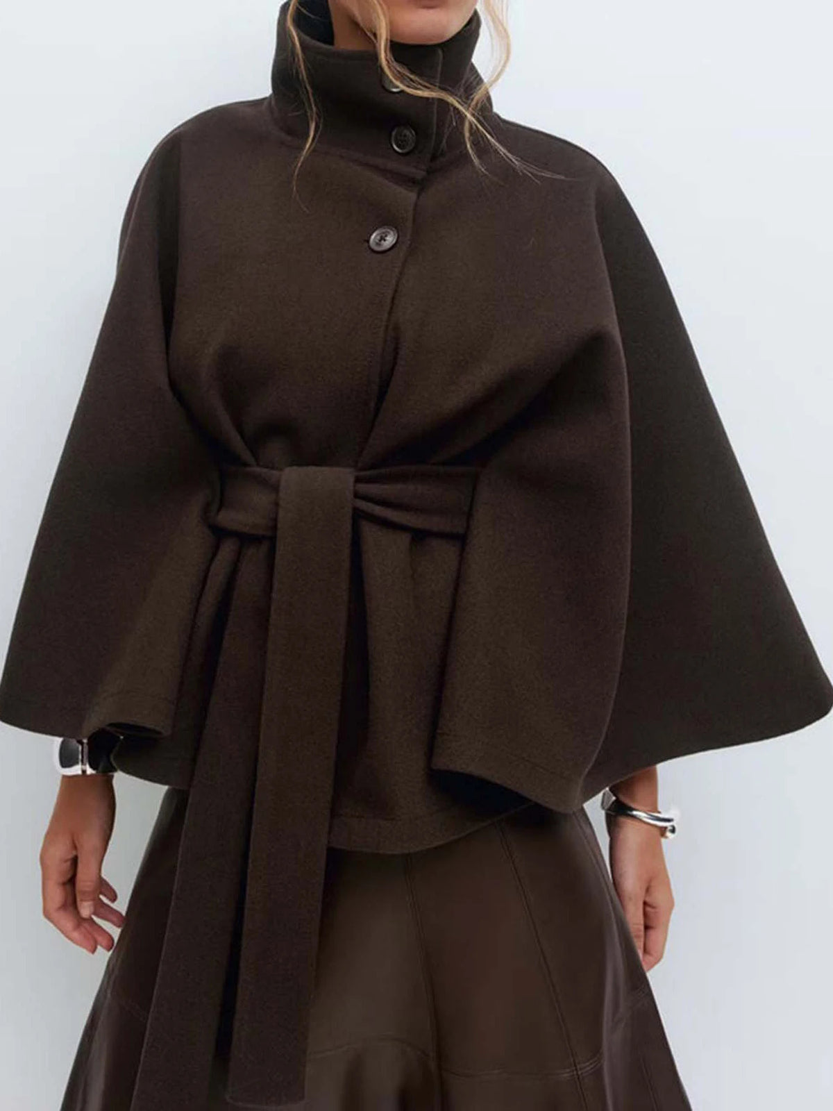 Women Lace Up High Neck Jackets for Women with Belt Elegant Windbreaker Faux Wool Blends Cape Korean Solid Windbreaker Cloak
